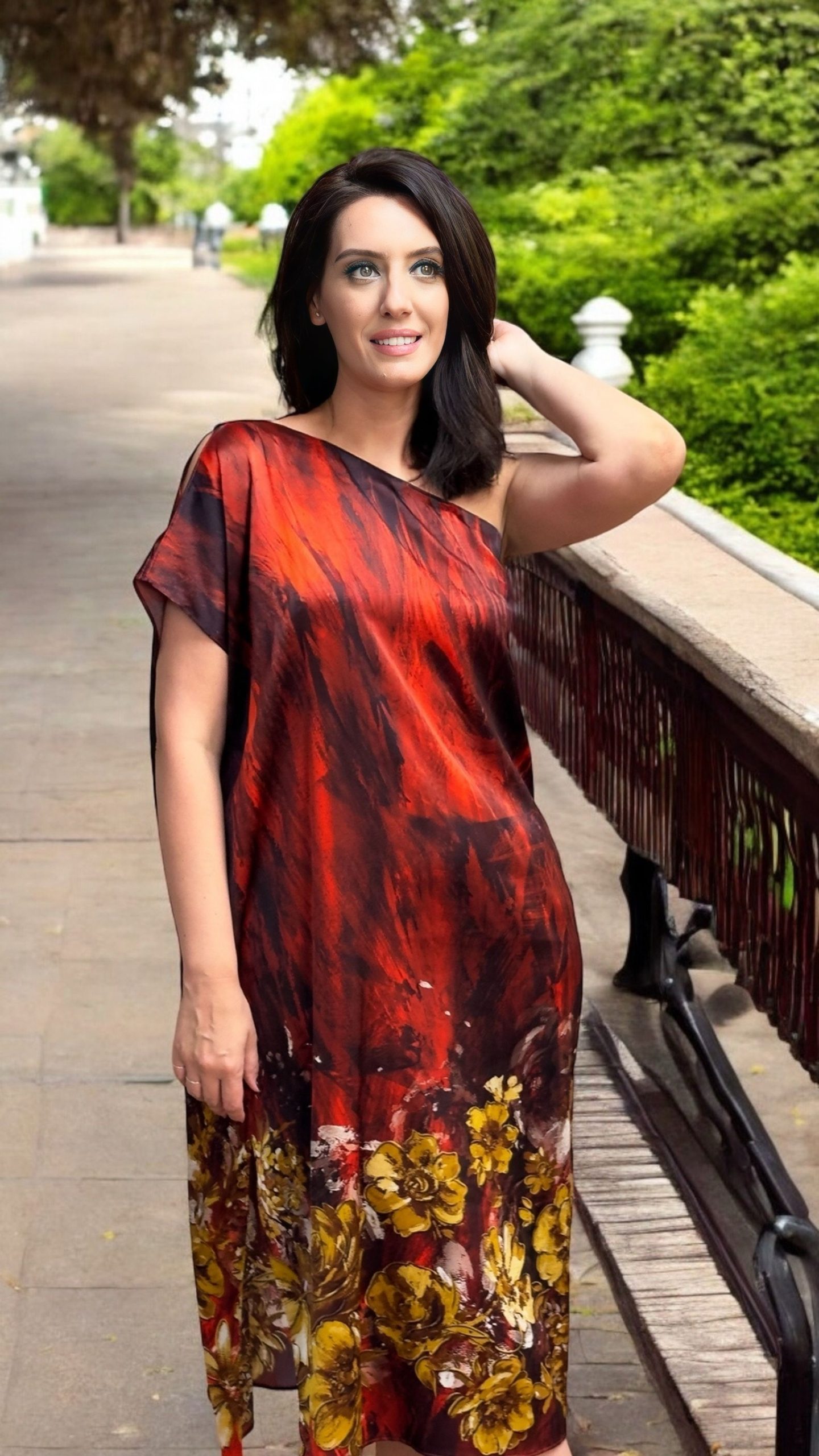 Rochie midi din mătase naturală imprimată