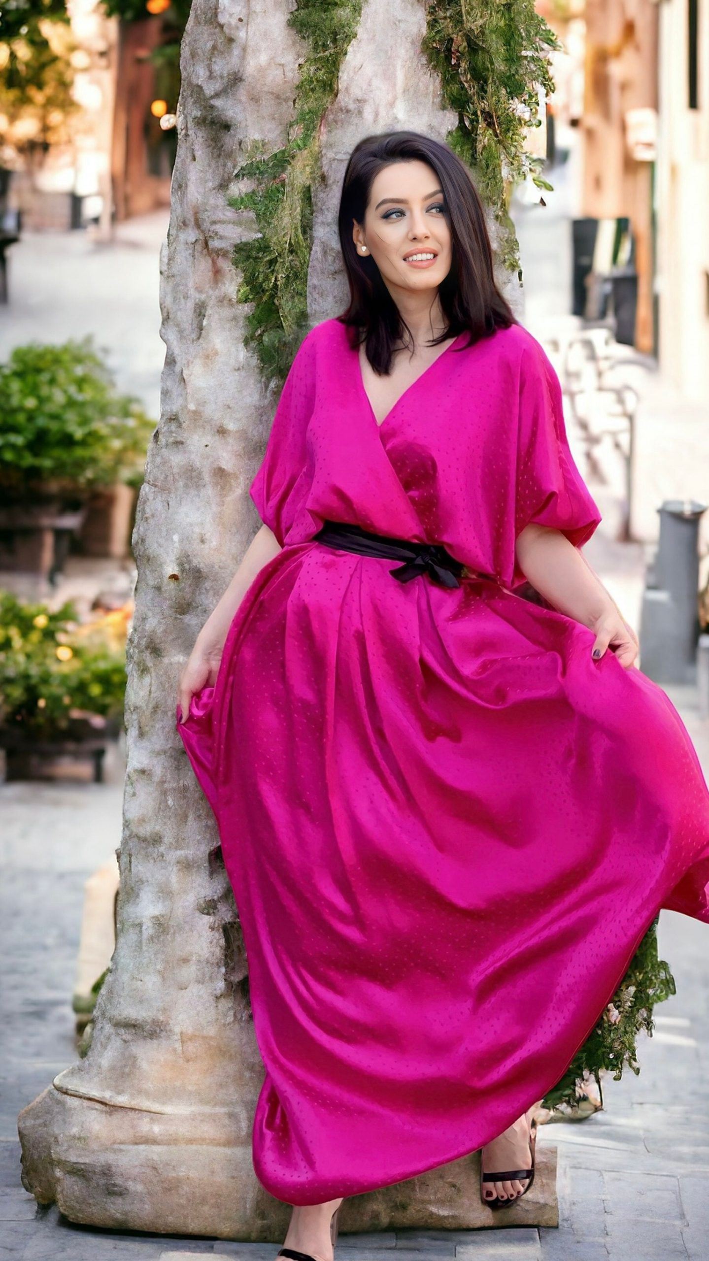 Rochie lungă din mătase naturală fuchsia - imagine 8