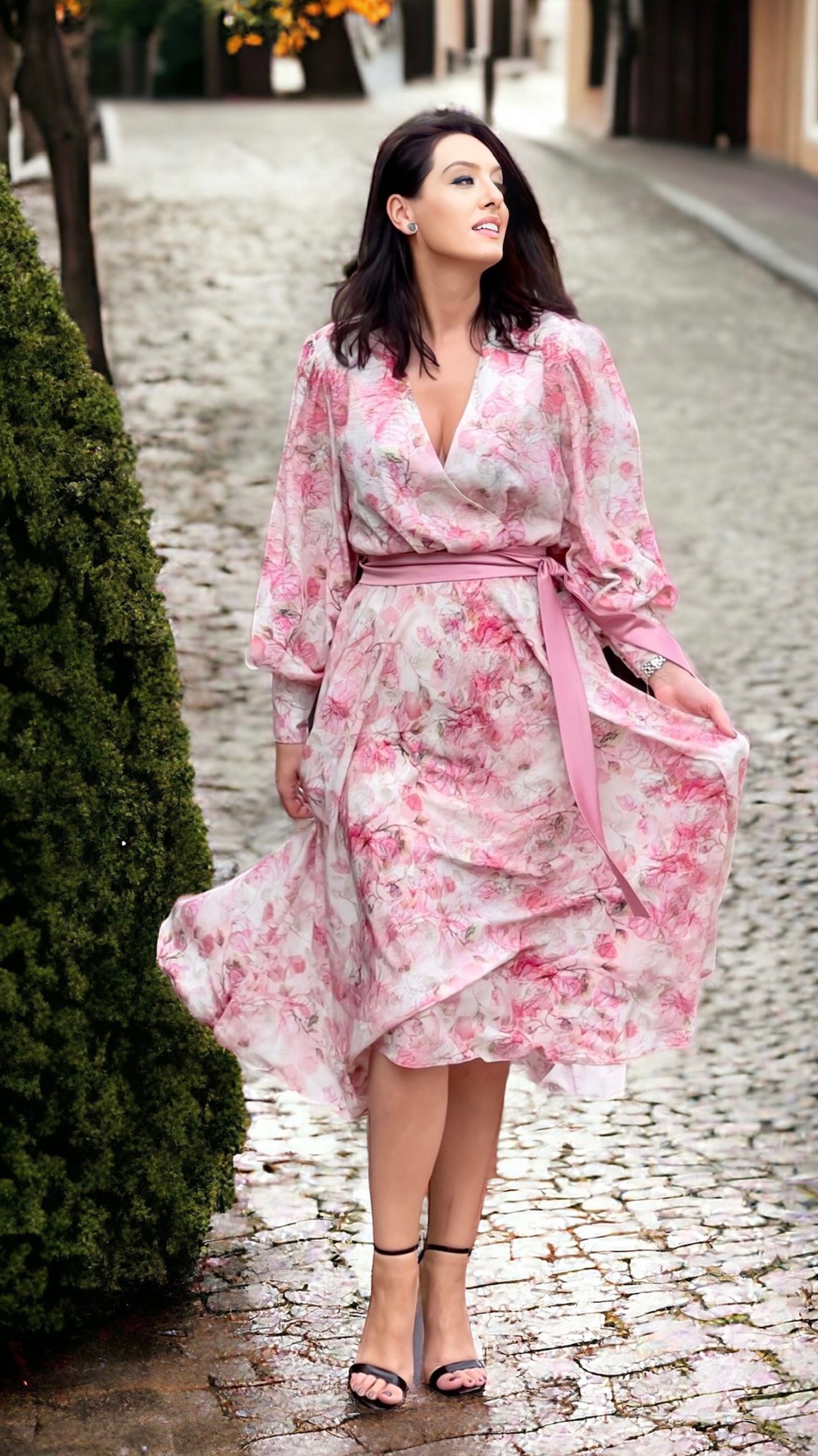 Rochie midi cloș din mătase naturală imprimată