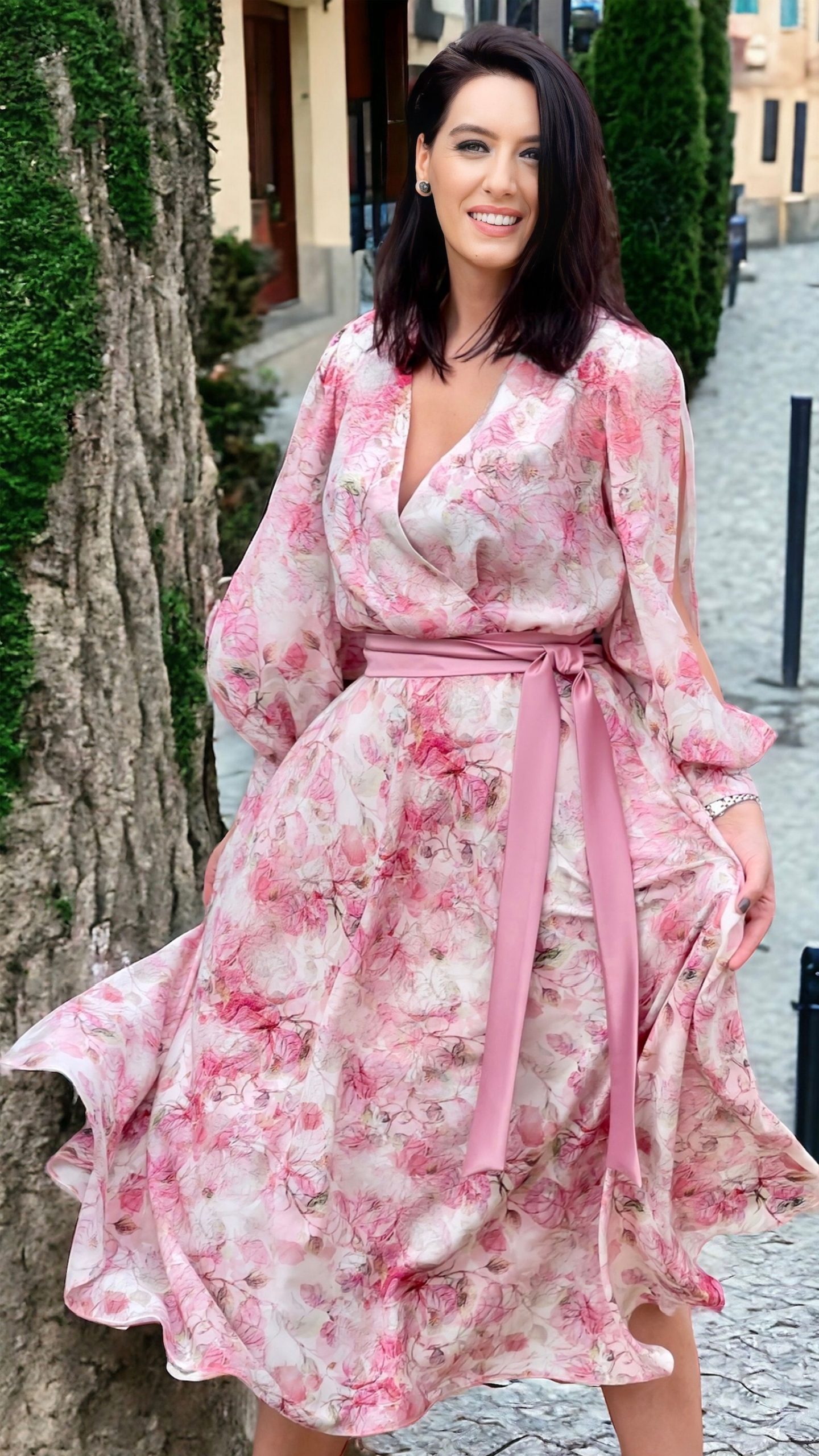 Rochie midi cloș din mătase naturală imprimată
