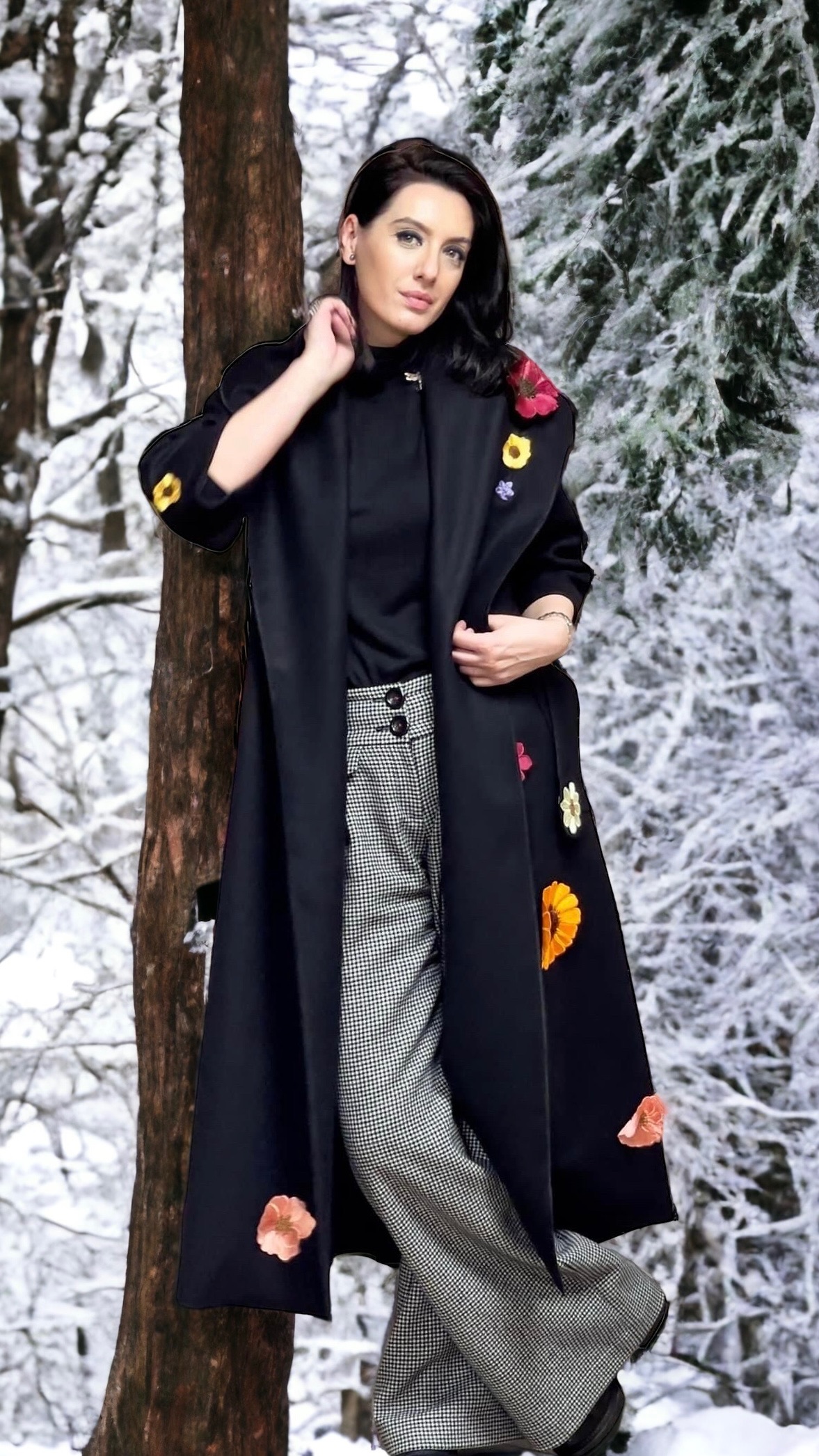 Palton din stofă neagră accesorizat cu flori brodate - imagine 2
