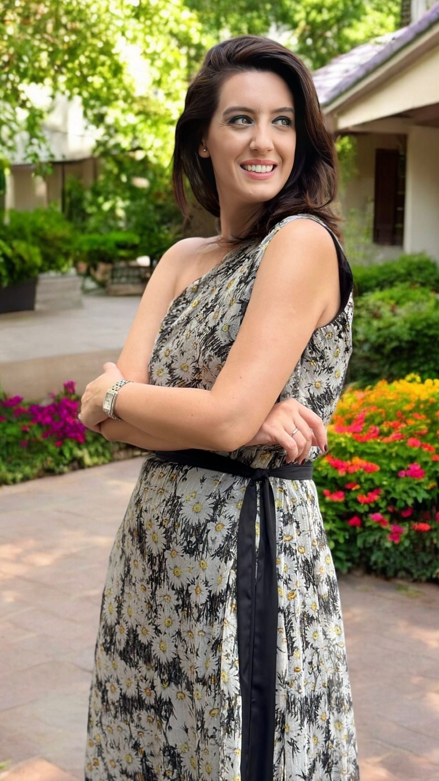 Rochie dreaptă din voal imprimat cu lurex