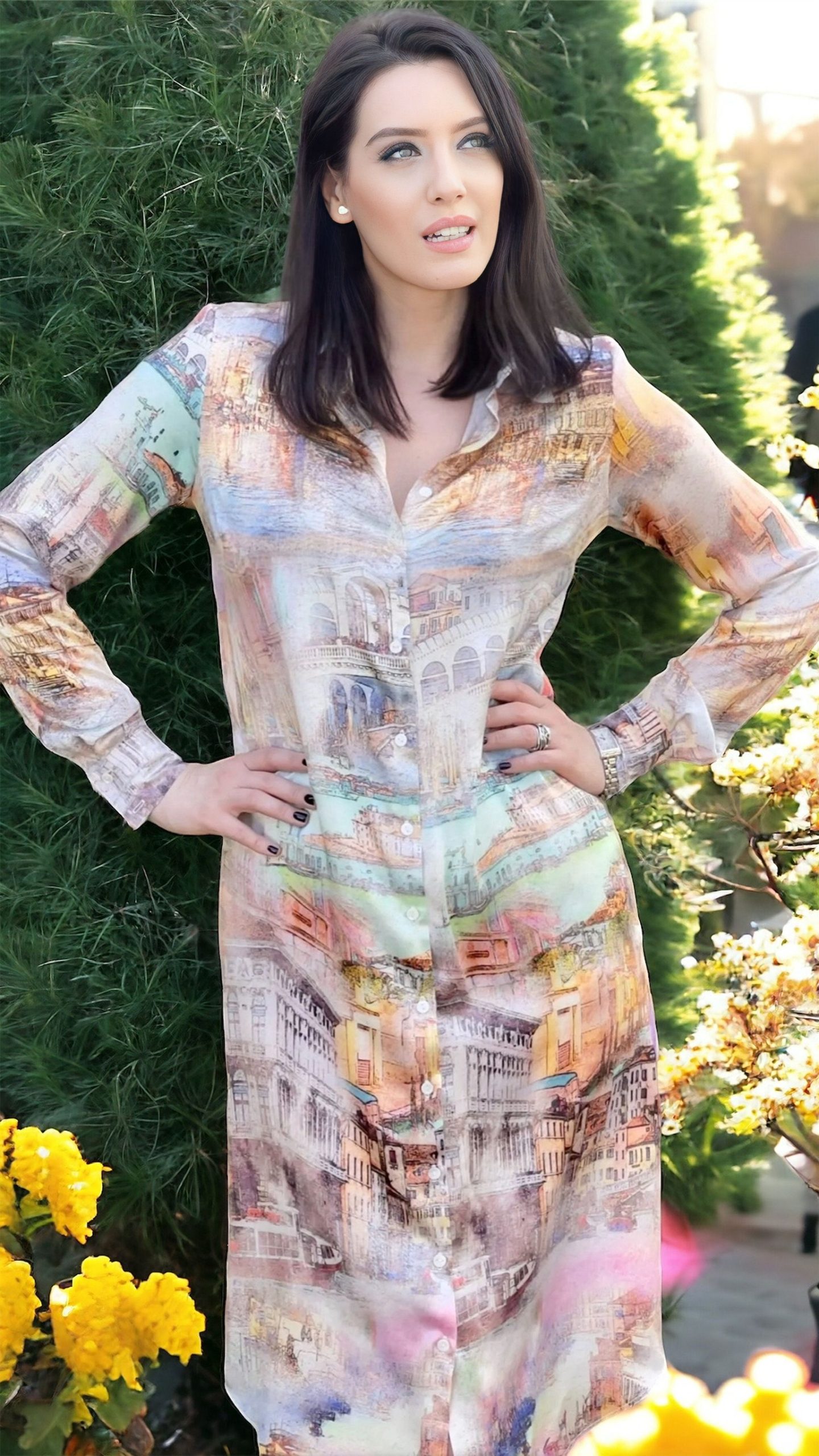 Rochie cămașă din mătase naturală imprimată